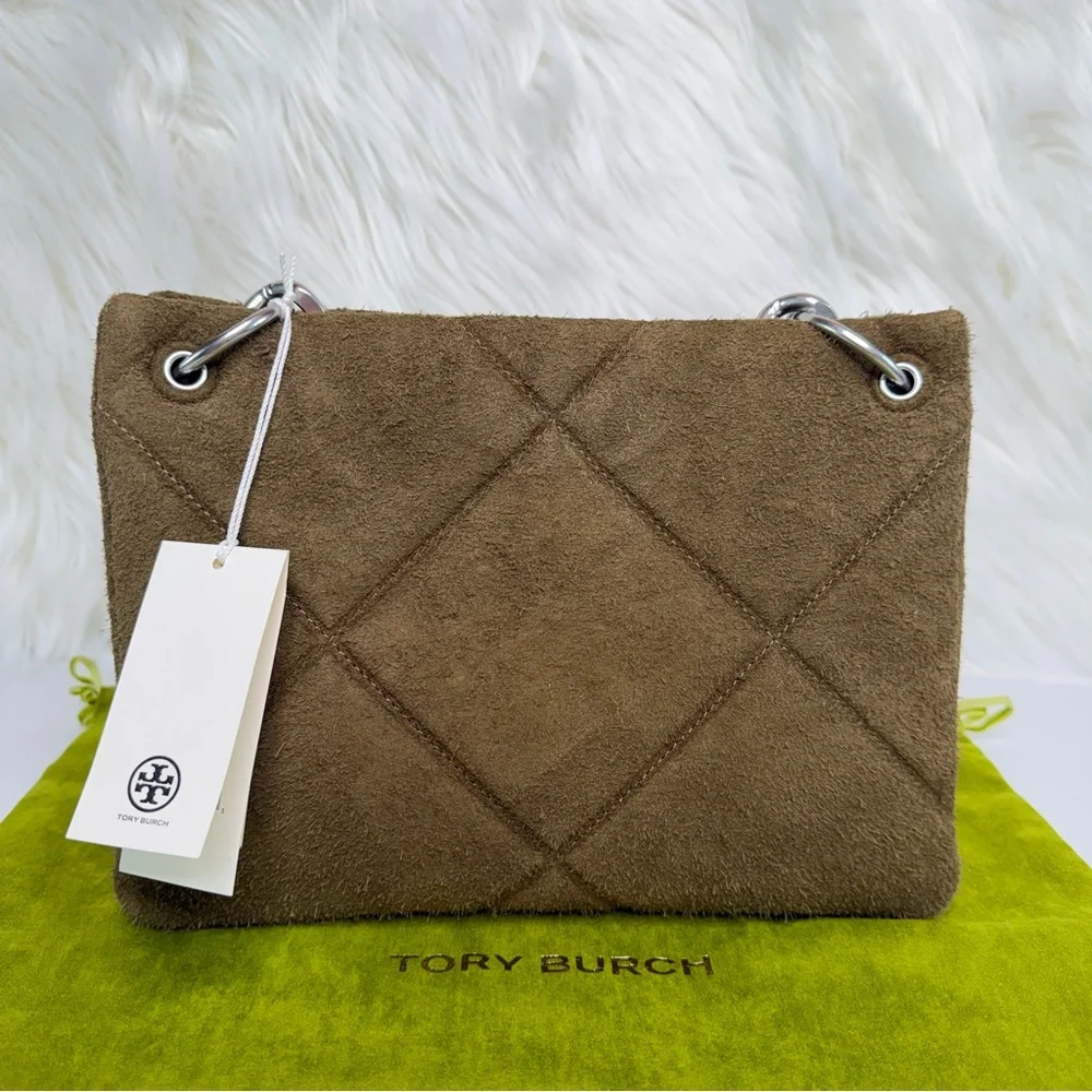 Tory Burch Kira Small Diamond-Quilted Suede Shoulder Bag - Deep Olive